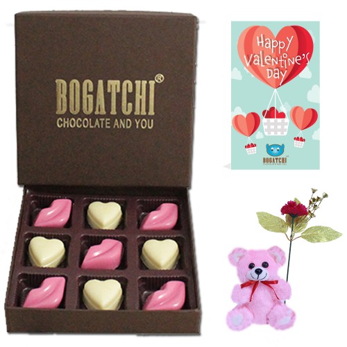 BOGATCHI Chocolate Hearts and Kisses Valentine Gifts for Girlfriend- Boyfriend- Husband-Wife,9pcs + Free Valentines Day Card + Teddy and Artifical Rose